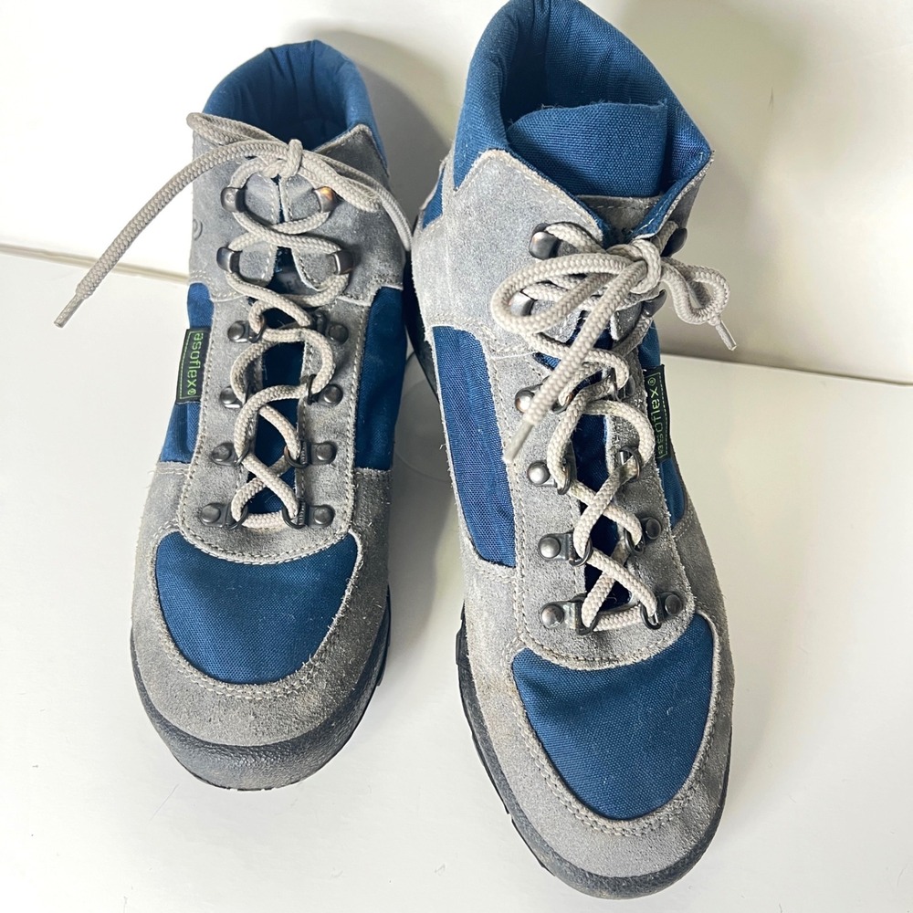 Asolo Voyageur Vintage Hiking‎ Boots Made in Italy Blue Grey Suede Canvas Womens